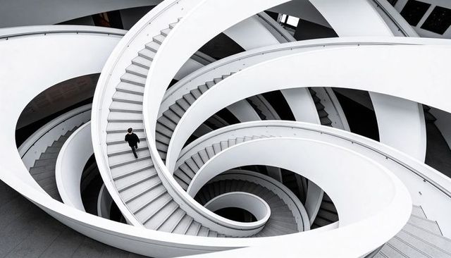 Solitary man walking curved spiral staircase in minimalist white museum atrium