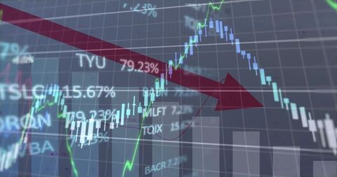 Stock Market Downtrend with Red Arrow and Candlestick Graph