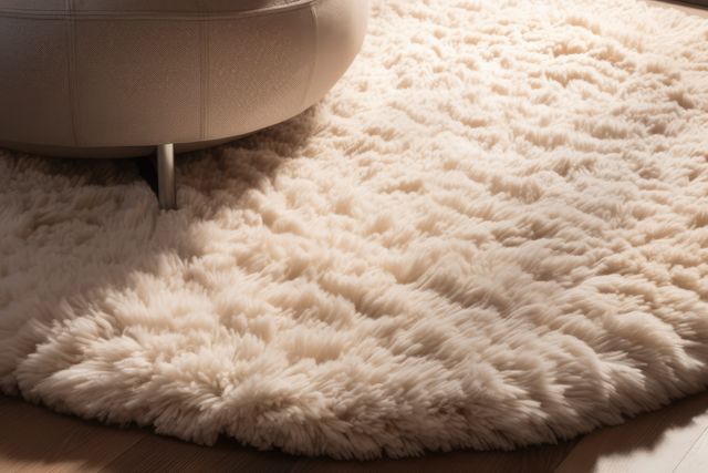 Close up of white round fluffy rug on floor, created using generative ai technology. House interior design, decorations and textile concept digitally generated image.