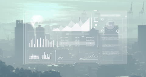 Futuristic Digital Graphs Overlay Modern Cityscape
