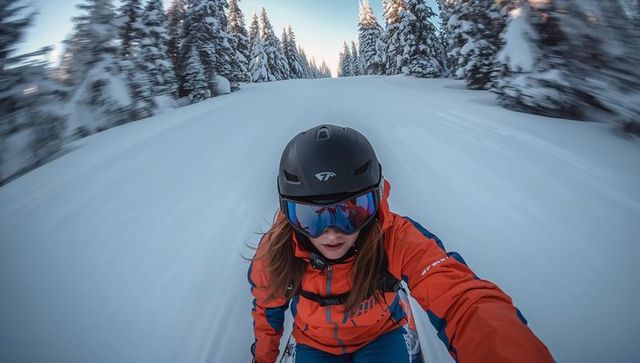Skier in Action Wearing Safety Gear on Snowy Mountain Slope