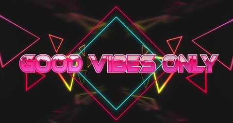 Futuristic neon text art with good vibes only message