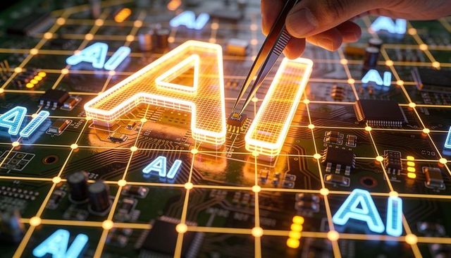 Technician placing microchip on ai circuit board with glowing neon grid and components