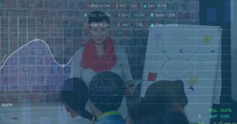 Businesswoman presenting in office with stock market data overlay