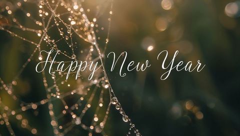 Glistening Dewy Spider Web with Golden Bokeh and Elegant 'Happy New Year' Cursive Overlay