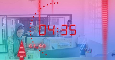 Modern office collaboration woman wearing hijab red hud overlay in open-plan workspace