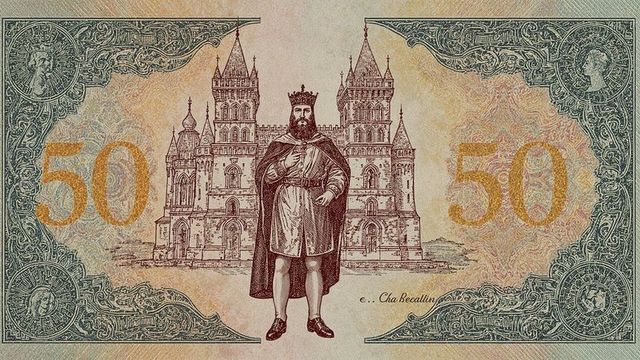 Medieval king with jeweled crown before majestic castle