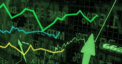 Neon green financial line charts showing market growth and upward trading trends