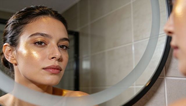 Young woman applying gold highlighter at mirror glowing skin beauty portrait