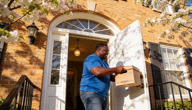 Courier delivering parcel to suburban brick home with open white door and spring blossoms
