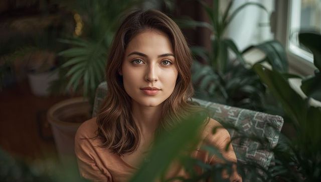 Serene woman sitting among lush houseplants in sunroom natural light portrait cozy plants