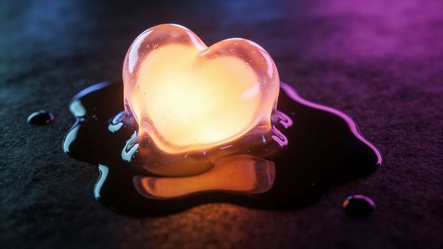 Glowing amber glass heart melting in reflective dark pool with neon rimlight