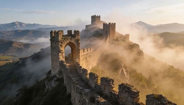 Medieval cliffside fortress on misty ridge at sunrise with crenellated battlements