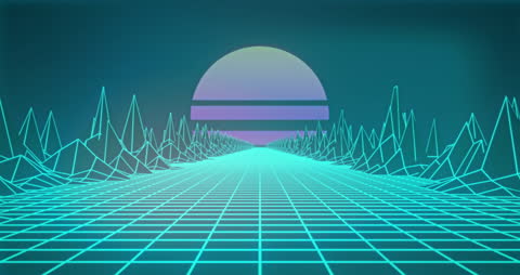 Futuristic Digital Landscape with Neon Mountains and Sunset