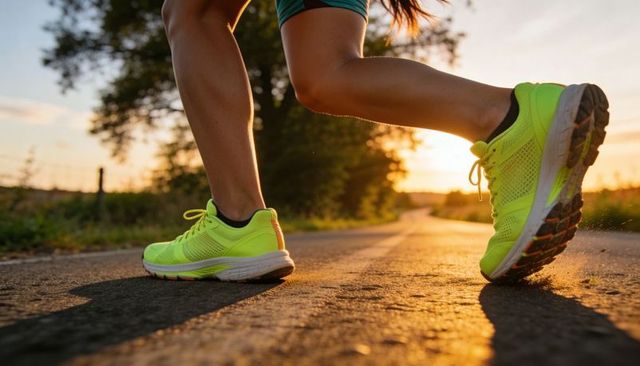 Female runner pushing off with neon green shoes on asphalt country road at backlit golden hour