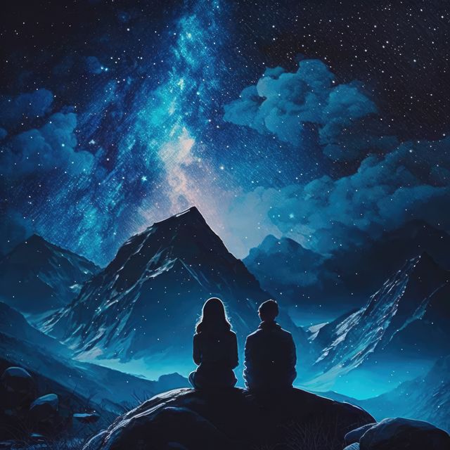 Couple sitting on rock facing majestic mountains under starry night sky with Milky Way visible. Useful for themes of romance, adventure, and serenity. Suitable for travel promotions, nature blogs, stargazing guides, romantic getaway advertisements, and wallpaper designs.