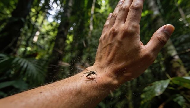 Mosquito resting on wrist in tropical jungle, bite close-up with droplets and skin detail