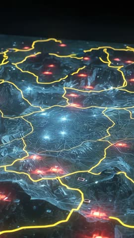 Vertical Holographic Network Tracing: Yellow Border Mapping over 3D Terrain with Red Nodes