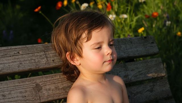 Preschool Boy Sitting Shirtless on Weathered Bench Gazing Right in Wildflower Meadow at Golden Hour