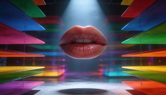 Surreal floating glossy lips hovering between stacked rainbow glass panels under spotlight