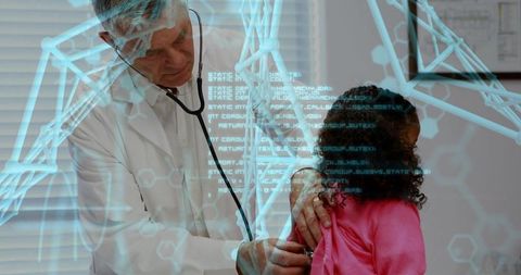 Senior physician examining child with holographic dna strand and medical data overlay