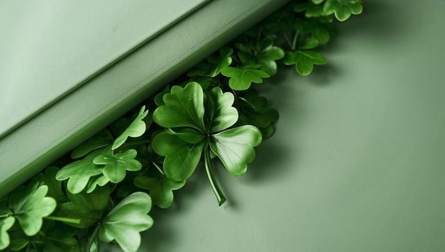 Four-Leaf Clover Nestled in Monochrome Green Minimalist Still Life with Diagonal Box Macro