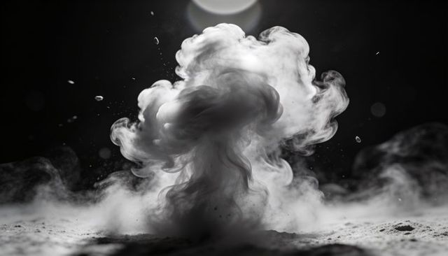 Billowing Dust Plume Swirling Over Sand with Halo Light and Dramatic Monochrome Particles