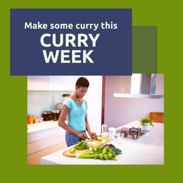 Image of curry week over african american woman cooking in kitchen. Indian cuisine, food, meal preparing and curry concept.