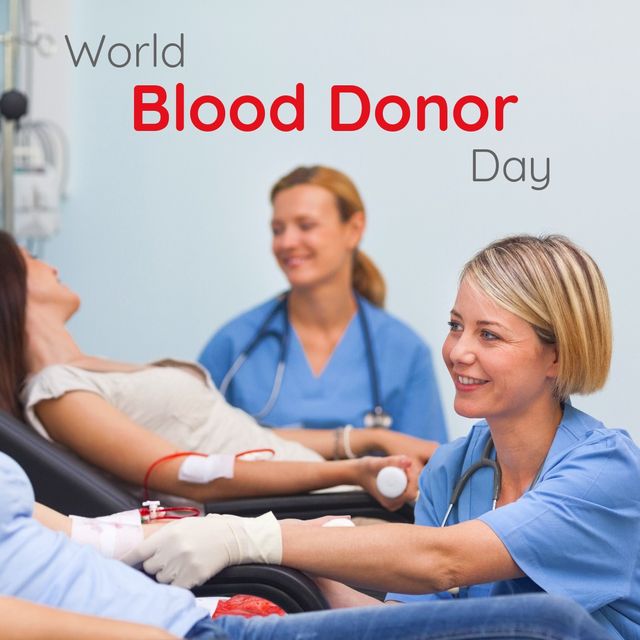 World blood donor day text over caucasian nurses and women donors at hospital. digital composite, healthcare and awareness campaign concept.