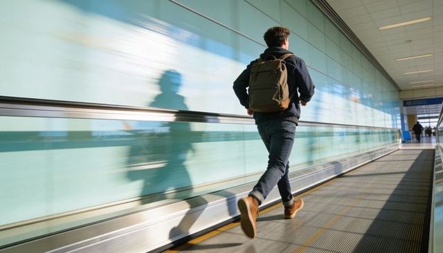 Young traveler hurrying through modern airport terminal on moving walkway with backpack