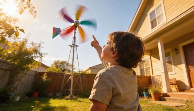 Curious child pointing at colorful spinning windmill in suburban backyard at golden hour
