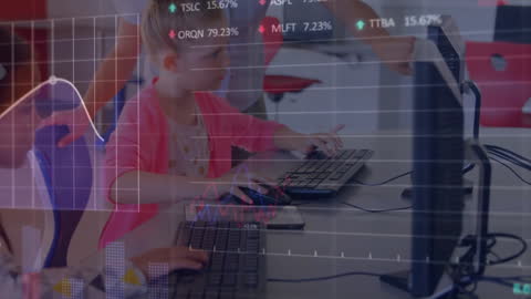 Young Students Learning Computers with Data Graphics Overlay