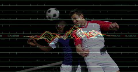 Soccer Players Heading Ball with Digital Graph Overlay Night Scene