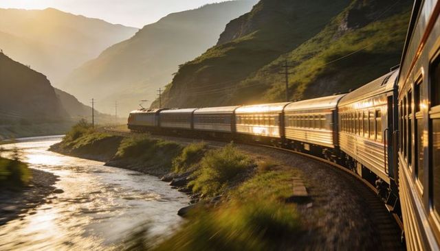 Silver passenger train curving along river through mountain valley at golden hour