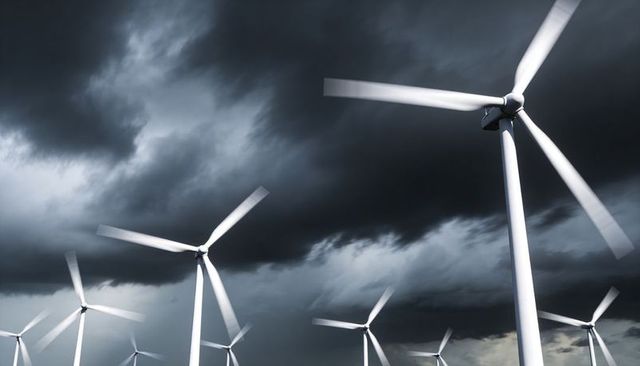 Spinning Wind Turbines Beneath Dark Storm Clouds Conveying Renewable Energy Motion