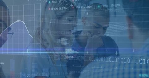 Financial consultation with digital data overlay