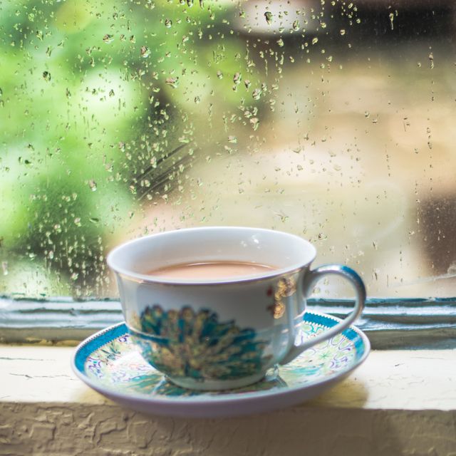 A beautifully designed cup of tea is sitting on a saucer by a rainy window with green foliage in the background. This peaceful and cozy image is perfect for topics related to relaxation, comfort, rainy days, tea time, and tranquility. Ideal for use in blogs, social media posts, wellness articles, tea brands, and advertisements focused on lifestyle and comfort.