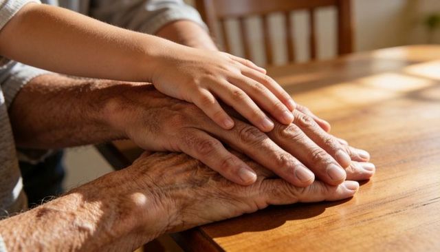 Child hand resting on elder hands on sunlit wooden table conveying family unity and care