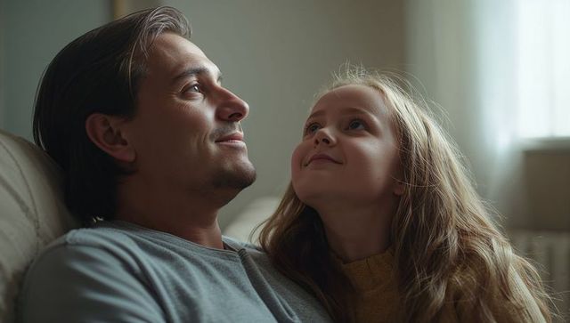 Father and daughter relaxing on sofa sharing warm bonding moment with soft window light