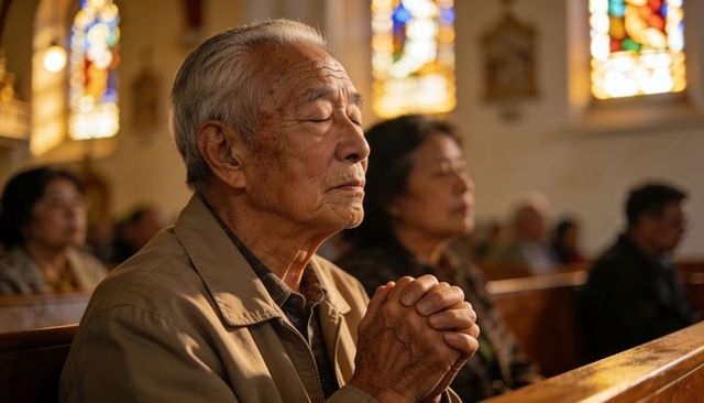 Praying senior asian man clasping hands in sunlit church pew with stained glass windows