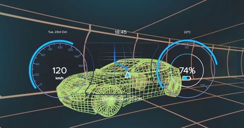 Futuristic digital interface with neon sports car wireframe