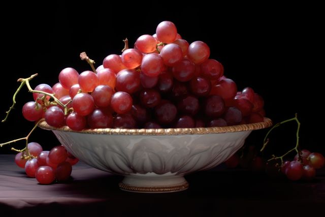 Close up of red grapes in bowl on black background, created using generative ai technology. Grapes, fruit and still life concept digitally generated image.