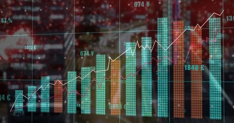 Corporate financial charts with global currency symbols