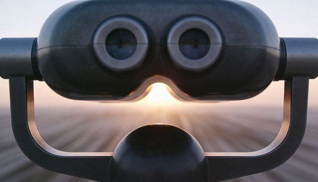 Coin-operated binoculars framing sunrise on seaside horizon with symmetrical silhouette