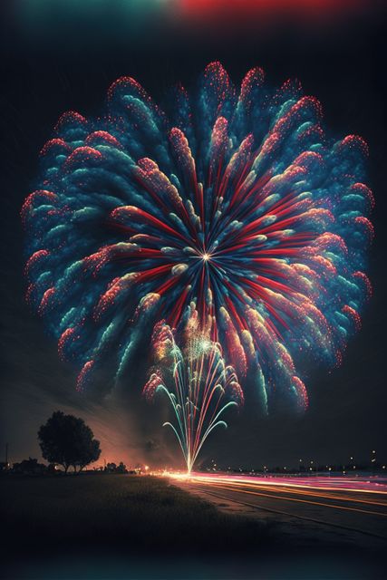 Multi coloured fireworks exploding over landscape, created using generative ai technology. Fireworks, new year's eve and celebration concept digitally generated image.