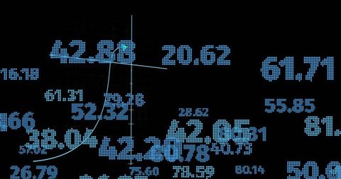 Neon data grid with dotted numeric readouts and cyan curve crossing axes, marked point