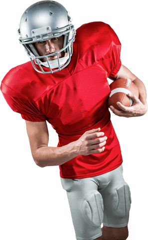 American football player in red jersey holding ball transparent