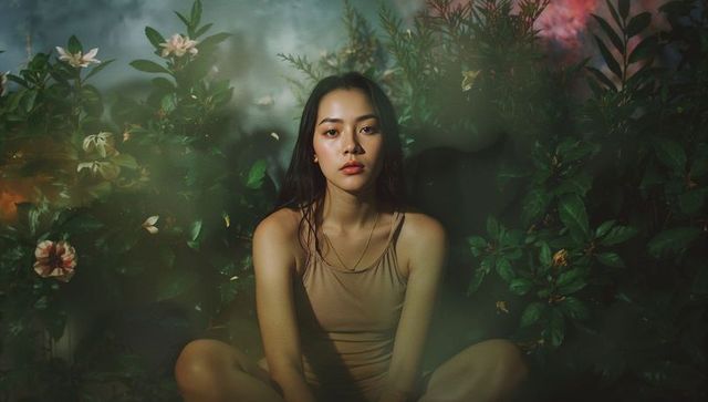 Serene Female in Tropical Garden With Hibiscus Blooms