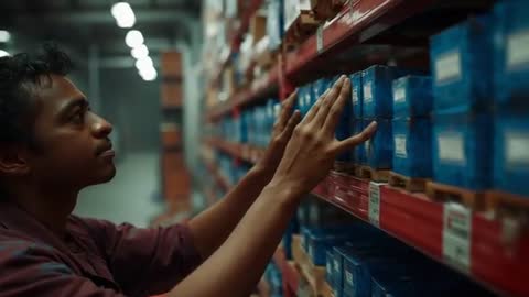 Warehouse Worker Organizing Supply Compartments with Precision