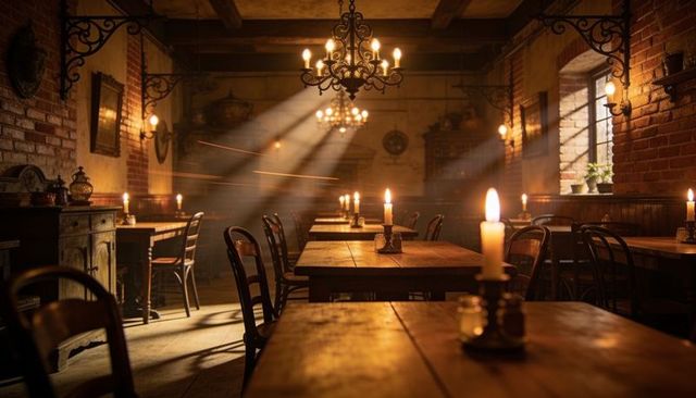Candlelit rustic tavern embracing sunbeams across wooden tables and chandelier glow
